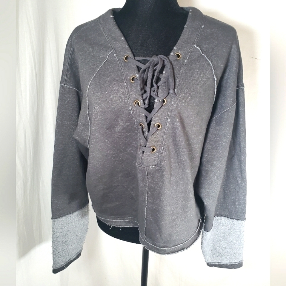 We The Free Gray Tie Up Neck Long Sleeve 2 Fabric Sleeve Sz M